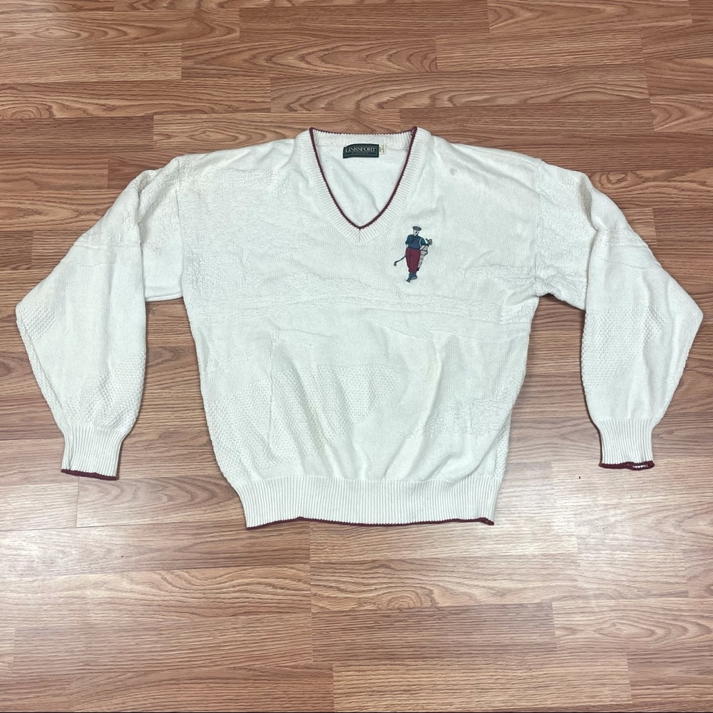Vintage Linksport Men’s Golf Sweater Large Made in USA White 90’s V-Neck
